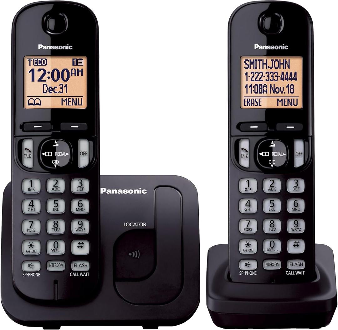 Panasonic Cordless Phone, 1.6" Backlit Display, Call Block, Speakerphone, 10 Hours Talk Time, 2 Handsets - KX-TGC202B (Black)