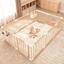 M MEEPO Foldable Baby Playpen, 86 x 57 x 25 in, Adjustable Shape & Size Wooden Baby Playpen with 2-Pack Storage Bags, Nature Pine Wood Play Yard for Infant, Toddler, Safety Lock Door, Build in Toys
