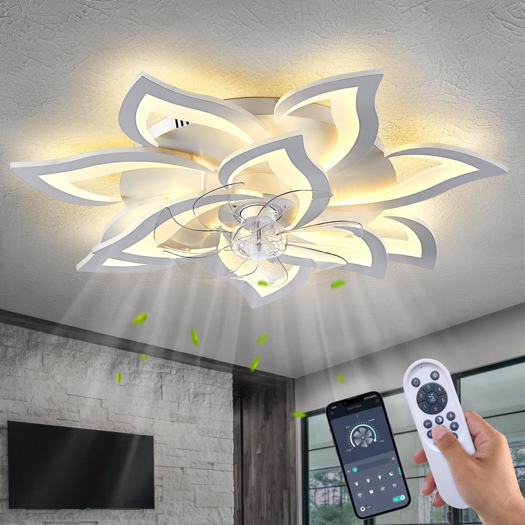 32" Modern Geometric Ceiling Fan with Lights Remote Control, White 6 Speeds 3 Colors Low Profile Ceiling Fan with Light for Living Room, Small Large