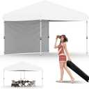10x10 Pop Up Canopy, GarveeLife Heavy Duty Canopy Tent with One-Button Push Setup, Portable Roller Bag and 1 Sidewall, Pop Up Canopies with Adjustable Height and 4 Weight Bags (White, 10x10 1sidewall)