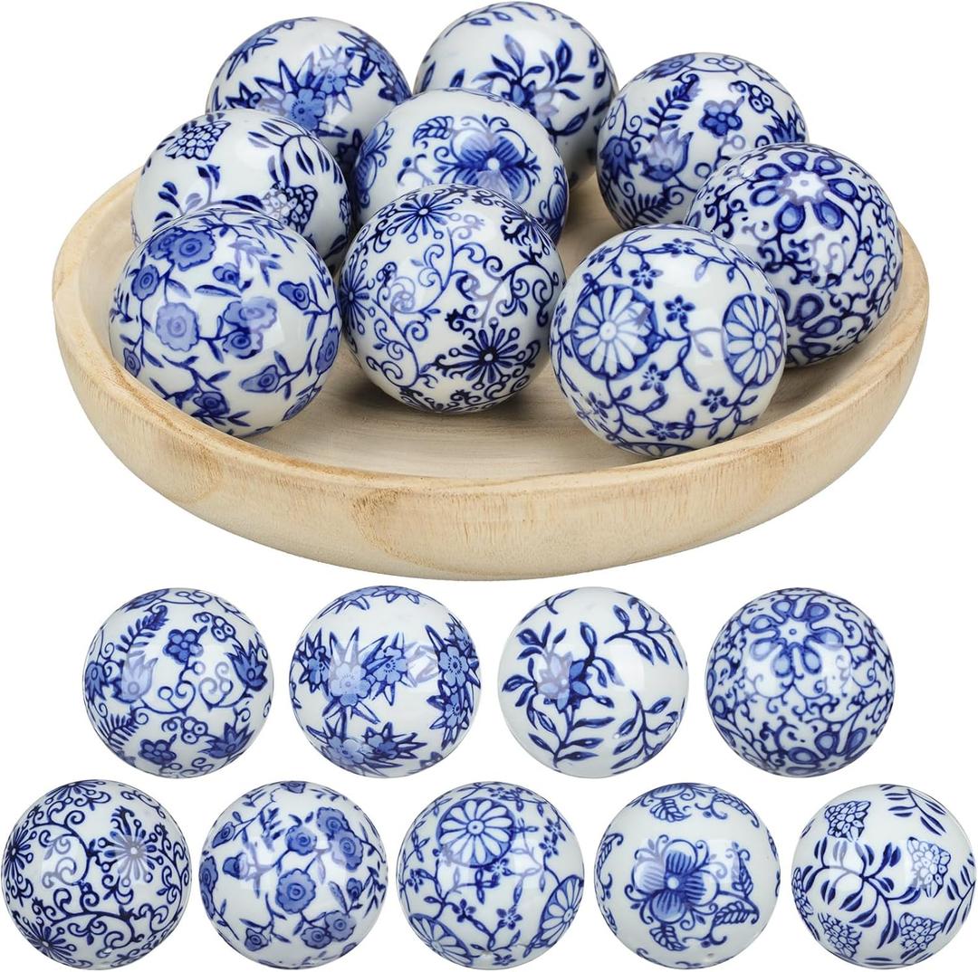 Vesici 9 Pcs Blue and White Porcelain Balls Decorative Chinoiserie Orbs for Centerpiece Bowls China Ceramic Balls Farmhouse Basket Tray Vases Decoration Gifts for Dining Table Holiday(Leaf Style)