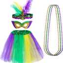 Sucrain 6PCS Mardi Gras Costume Accessories Set Women Tutu Skirt, Faux Feather Headband, Mask, 3PCS Beads for Women Carnival Party Outfit Supplies