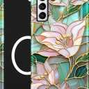 Compatible with MagSafe Case for Samsung Galaxy S21, Cute Aesthetic Stained Glass Lily Flower Magnetic Design Phone Case, Soft TPU and Hard PC Protective Phone Cover for Women Girls
