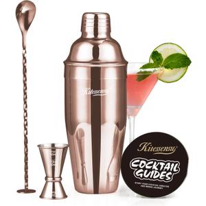 KITESSENSU Cocktail Shaker Set, Stainless Steel Bartending Kit with 25 Ounce Cocktail Shaker with Built in Drink Strainer, Measuring Jigger, Mixing Spoon & Drink Recipe Guide, Rose Gold