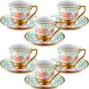 Vintage Floral Tea Cups and Saucers Set of 6 (3 Oz), Porcelain Tea Cup Sets Assorted Colors with Gift Box for Cappuccino, Macchiato, Birthday Party Supply (Green)