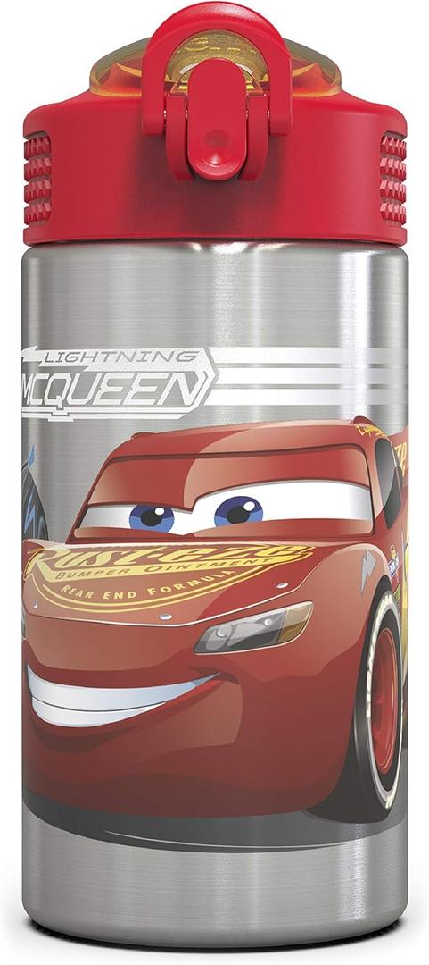 Zak Designs Disney Cars 3 - Stainless Steel Water Bottle with One Hand Operation Action Lid and Built-in Carrying Loop, Kids Water Bottle with Straw Spout is Perfect for Kids (15.5 oz, 18/8)