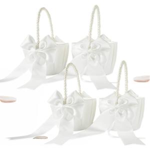 Flower Girl Basket with Pearl Handle, Ivory Fariy Wedding Baskets for Flower Girls, Set of 4