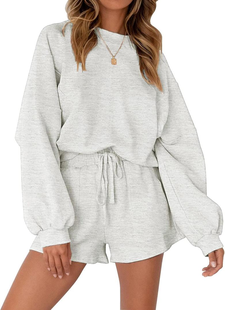 MEROKEETY Women's 2025 Fall Oversized Batwing Sleeve Lounge Sets Casual Top and Shorts 2 Piece Outfits Sweatsuit (Medium, Light Grey)