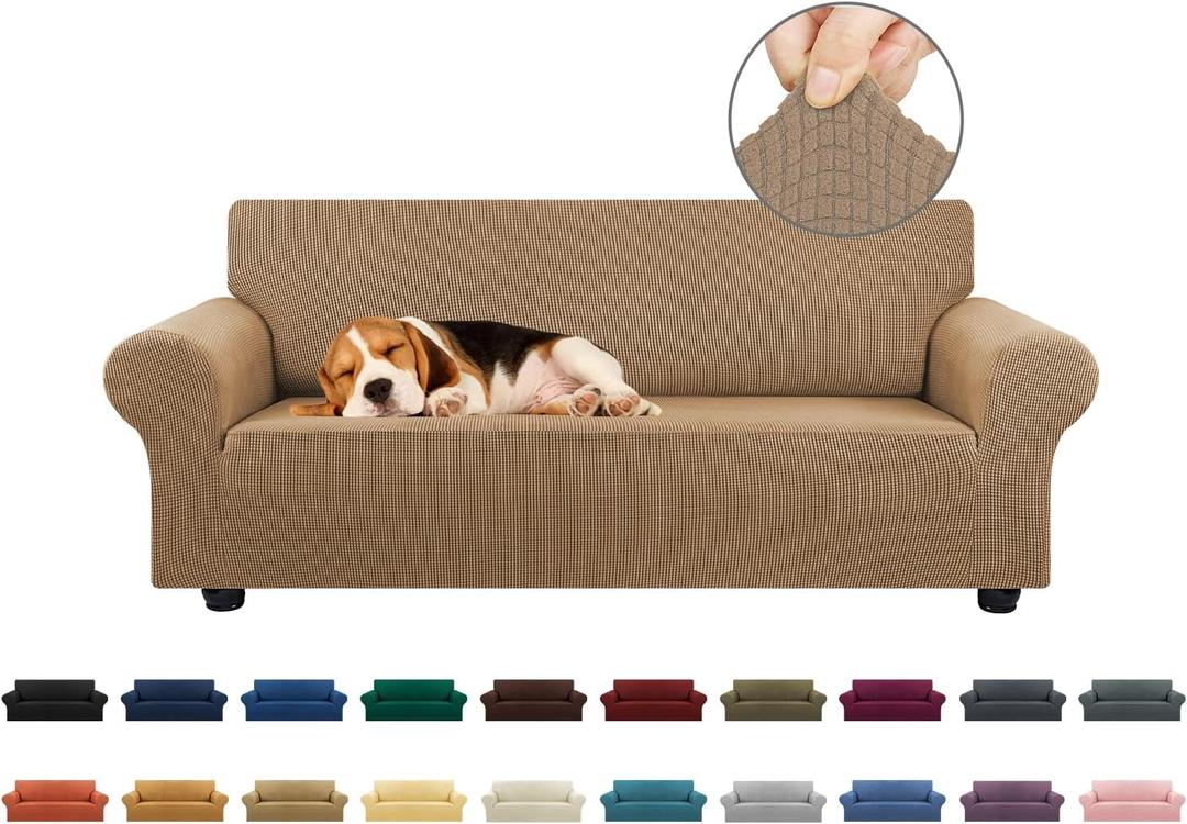 KEKUOU Stretch Loveseat Sofa Cover Slipcover,Couch Covers for 2 Cushion Couch Sofa (55"-79") Furniture Protector Sofa with Elastic Bottom for Kids,Dog. Jacquard Small Checked(Medium,Camel)