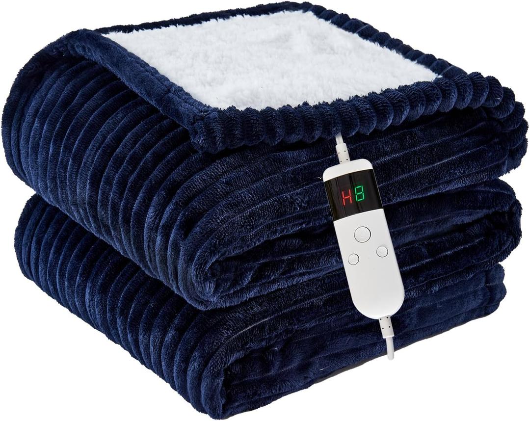 Heated Blanket Electric Full, Soft Flannel Heating Blanket with 8 Hours Auto Off 10 Fast Heating Levels Machine Washable Sherpa Heated Blanket with Overheating Protection (Navy)