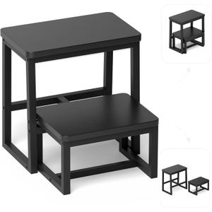 Step Stool for Adults,Holds up to 500Lb,3 in1 Heavy Duty Sturdy Two Step Stool for Kichen/Bathroom/High beds, Wooden&Metal Frame, Non-Slip Pads (Black)