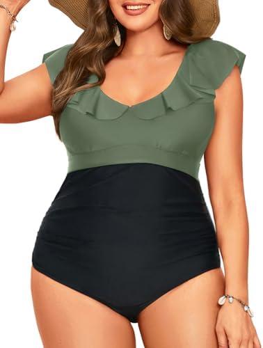 Daci Plus Size one Piece Swimsuits for Women Tummy Control Bathing Suits Ruffle Vintage Swimwear 20W