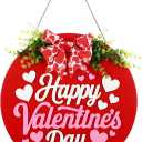 Leinuosen Happy Valentine's Day Door Sign Wooden Heart Front Door Hanger Sign Valentine Gift Hanging Wreath Decoration for Farmhouse Home Porch Window Wall Decor