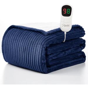 Homemate Electric Heated Blanket Twin Size - 62"x84" Heating Blanket Twin Size 1/2/4/6/8 Hours Auto-Off 10 Heat Level Over-Heat Protection Soft Flannel Sherpa ETL Certification Blue Striped