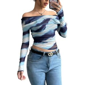 YOINS Women Off Shoulder Mesh Long Sleeve Tops Sexy Sheer See Through Shirts (Blue, S)