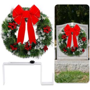 Hotop 2 Pcs Christmas Headstone Wreath Hanger Set for Cemetery Christmas Memorial Wreath for Grave Red Bowknot Natural Pine Cones Red Berries Wreath for Grave Marker Gravestone Decorations