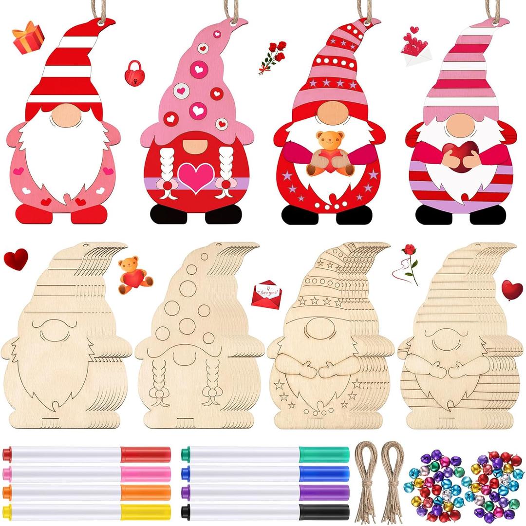 Censen 20 Sets Valentine's Day Unfinished Wooden Gnome Ornament Craft Kits to Paint DIY Include Blank Gnome Cutout Hanging Slices, Colored Marker, Bells for Kids St. Patrick's Day Tree All Festival