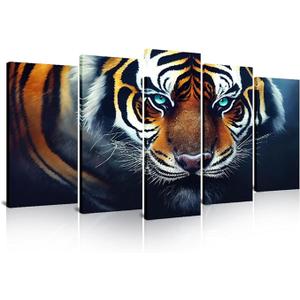 SATINO 5 Pieces Modern Large Canvas Animal Wall Art Tiger with Green Eyes Brave Beast Picture Paintings on Canvas for Living Room Bathroom Bedroom Home Office Decor