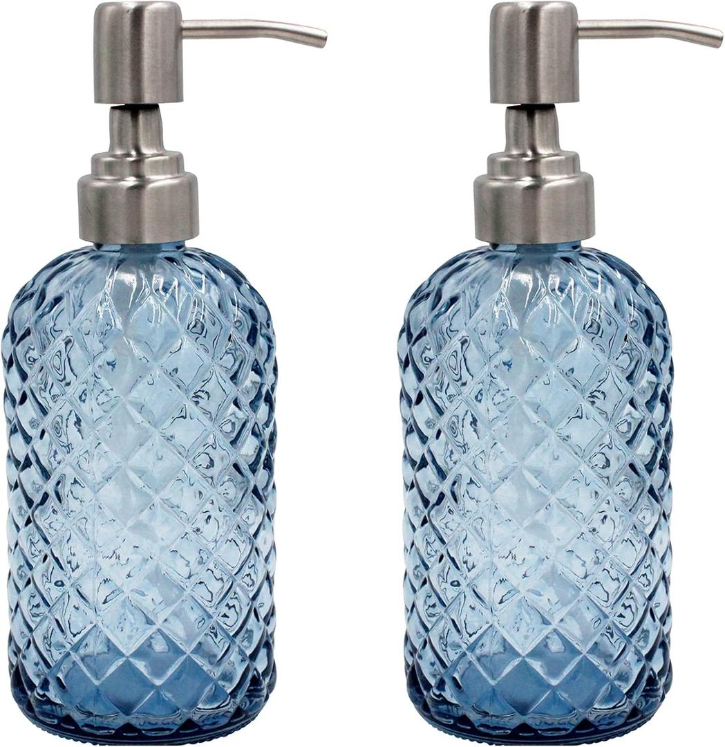 16 oz Diamond Pattern Glass Soap Dispenser, Kitchen and Bathroom Refillable Soap Dispenser with Rust Resistant Stainless Steel Pump for Hand Soap, Lotion Glass Liquid Dispenser(Blue - 2 Pack)