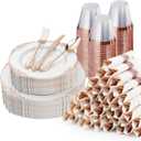 350PCS Rose Gold Plastic Plates for 50 Guests, Disposable Dinnerware Sets Include 100 Rose Gold Rim Plastic Plates, 50 Silverware and Cups, 50 Pre-Rolled Napkins for Party, and Graduation