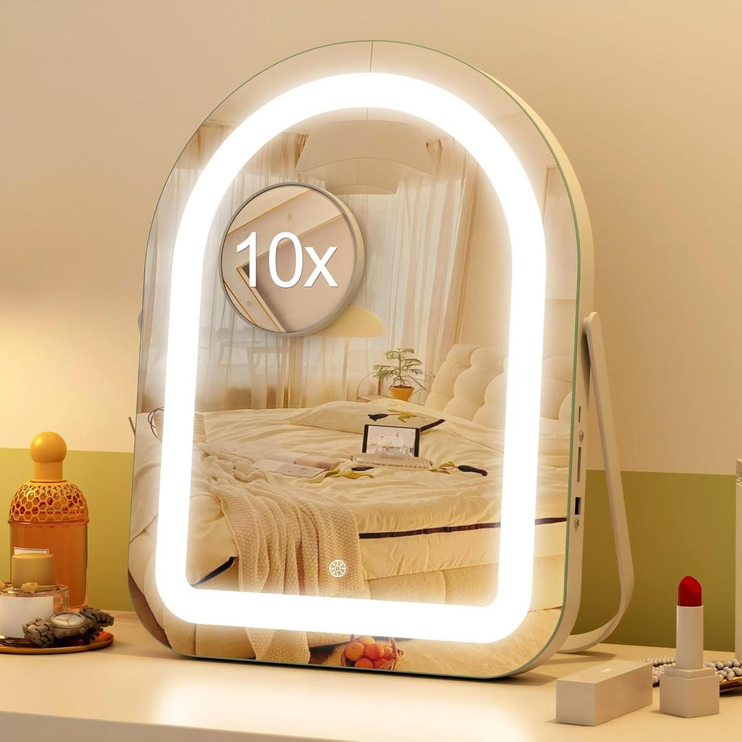 STARLEAD 11" 14" Makeup Mirror with Lights and 10X Magnification, 3-Color Dimmable LED Lighting & Touch Control, 360Rotation for Travel/Dressing Room, Arched