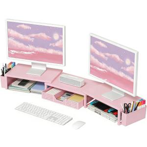 OPNICE Wood Desk Organizers and Accessories, Dual Monitor Stand Riser with Drawer and 2 Pen Holders, Desk Shelf Computer Racks for Office Workspace Organizers, Desktop Organization (Pink)