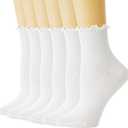 Womens Ruffle Socks, 6 Pairs White Lettuce Edge Turn-Cuff Cotton Frilly Ankle Crew Boot Socks (5-9)