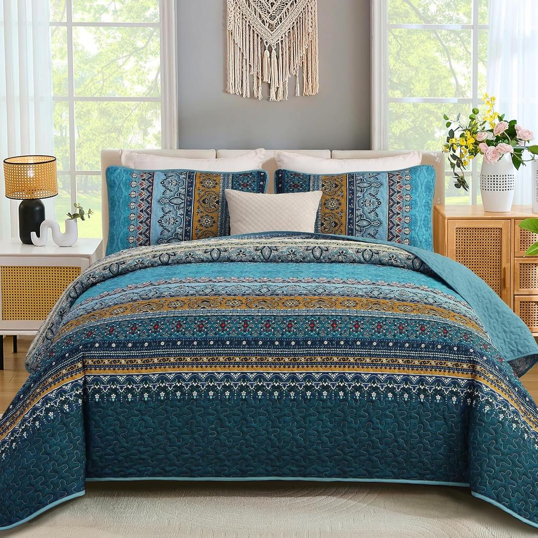 WONGS BEDDING Boho King Size Quilts 3 Pieces, Teal Bedspreads Bedding Set with Floral Printed, Soft Lightweight Bedspread Bohemian Striped Quilt All Season (King, 104"x90")