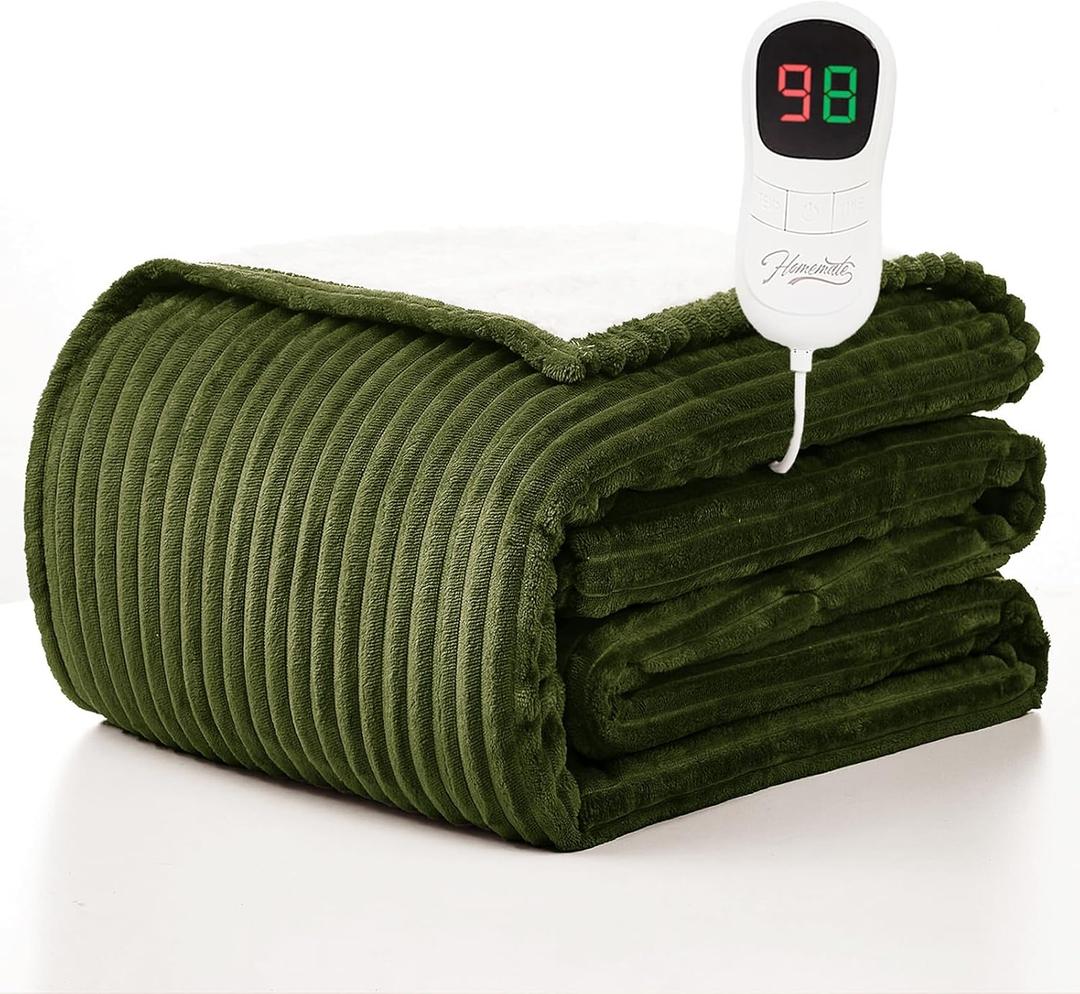 Homemate Heated Blanket Electric Throw - 50"x60" Heating Blanket Throw 1/2/4/6/8 Hours Auto-Off 10 Heat Levels Over-Heat Protection Soft Flannel Sherpa ETL Certification (12 - Olive (Striped))