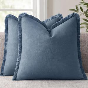 ANRODUO Set of 2 Decorative Throw Pillow Covers 26×26 Inch Soft Linen Fringe Farmhouse Boho Vintage Cushion Covers with Tassels Accent Pillowcase for Couch Sofa Bed Living Room Summer Blue Ashes