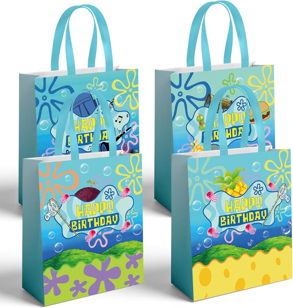 16 PCS Birthday Cartoon Ocean Paper Gift Bags - Yellow & Blue Cute Themed Party Happy Birthday Decorations Sign Party Decor Supplies for Baby Shower Summer Boys Girls