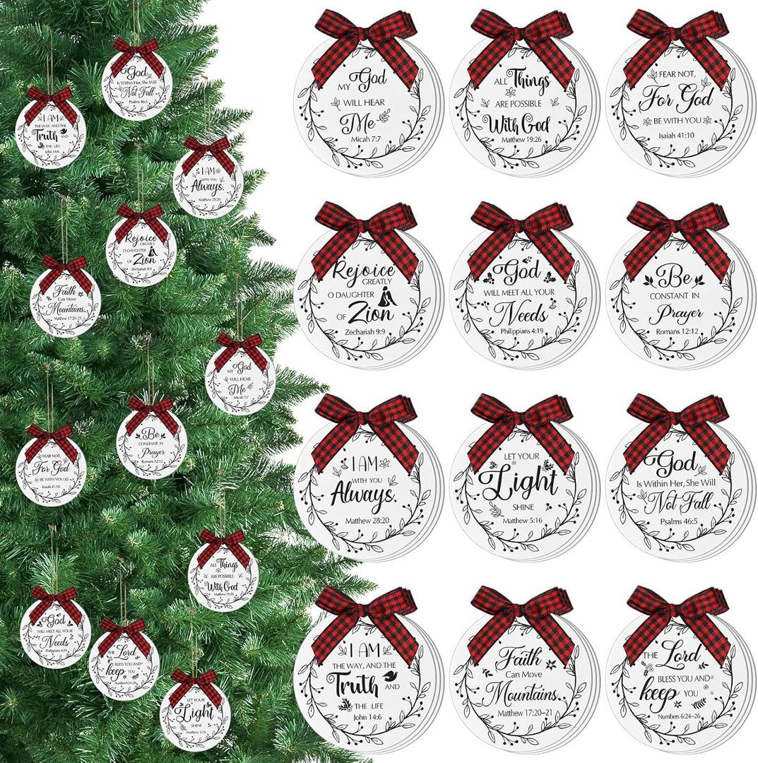 Soaoo 48 Pcs Christmas Bible Verses Ornaments Christmas Wooden Hanging Sign with Buffalo Plaid Bow and Ropes for Xmas Tree Religious Christian Gifts Church Supplies Home Decor (White)