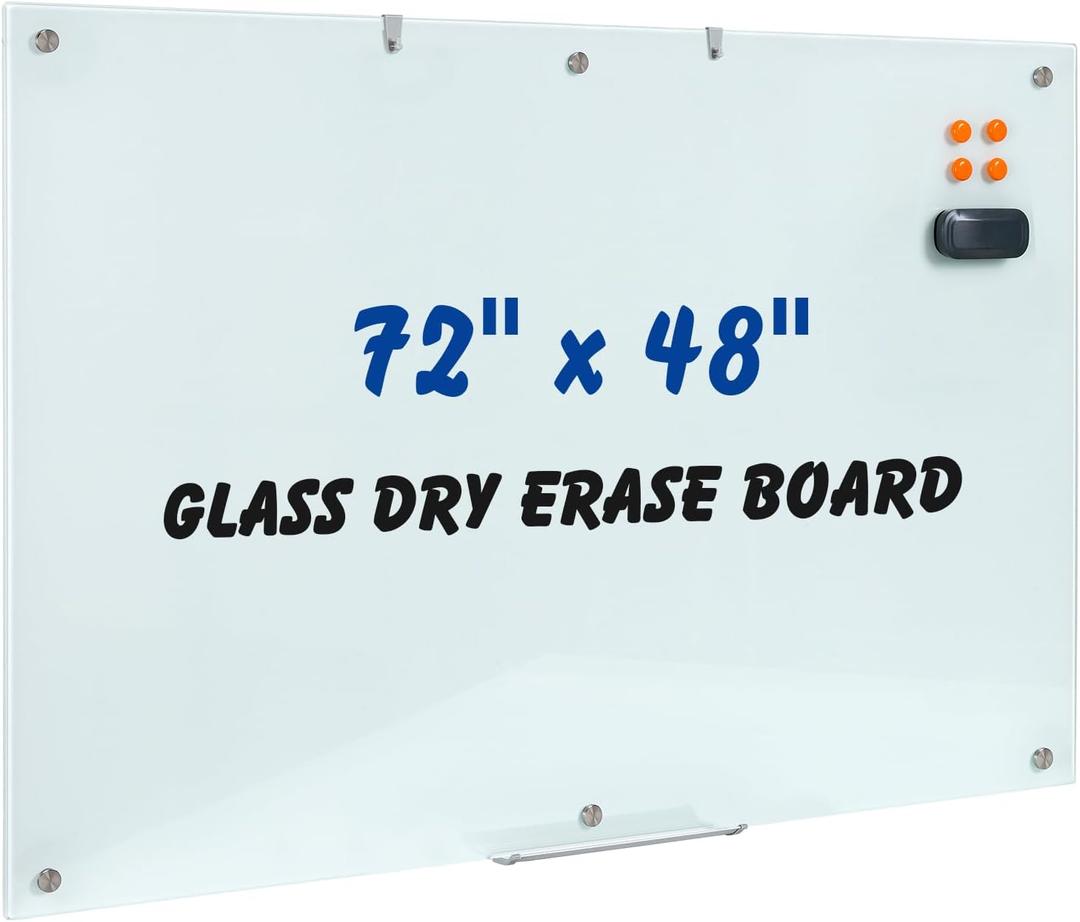 Large Glass Dry Erase Board, 72 x 48 Inches Magnetic Glass Whiteboard for Wall, 6' x 4' Frameless Board for Office, Home, School