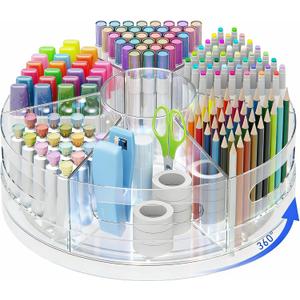 CraftGenes Rotating Desk Organizer, 360 Acrylic Pen Organizer for Desk with 7 Removable Compartments, Extra-Large Pen Holder for Office Supplies, Markers, and Art Supplies, Clear Pencil Holder