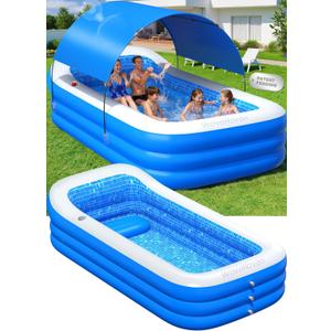 2026 Inflatable Pool with Canopy,Upgraded Blow Up Pool for Adults&Kids,Large Inflatable Pool with Seat and Big Backrest,Kiddie Pool with Shade,Kid Swimming Pool for Backyard 110"x63"x20"Blue