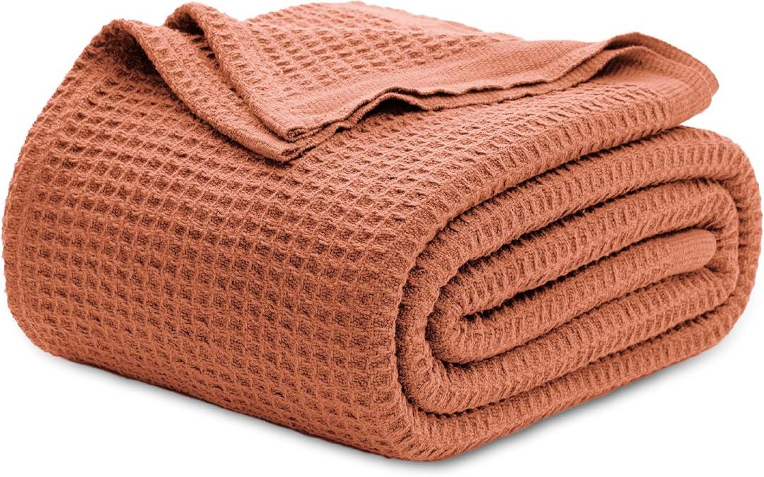 Bedsure 100% Cotton Blanket King Size for Bed - Breathable and Soft, Waffle Weave Blanket for Summer Spring, Red Orange, 104x90 inches (King (104" x 90"), 06 - Red Orange)