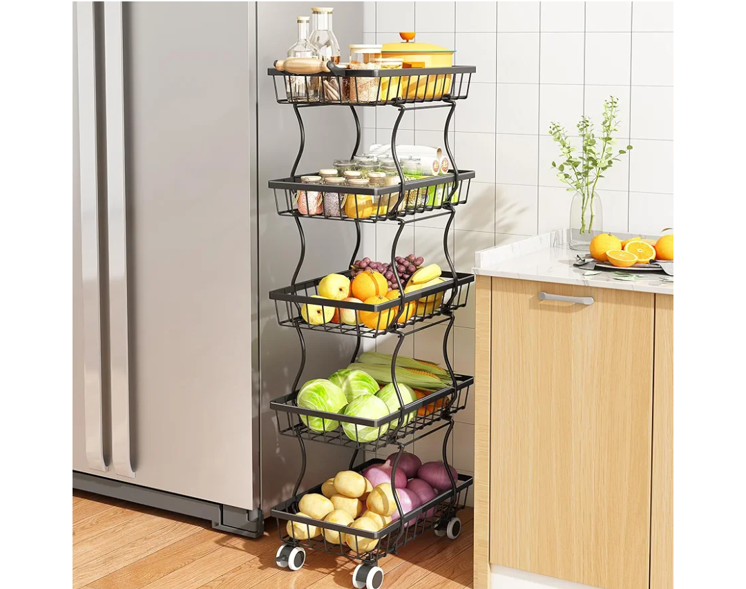 SAYZH Fruit Basket Kitchen Pantry Organizers and Storage - 5 Tier Stackable Metal Wire Basket Stand for Fruit Vegetable Snacks Jars Bins Containers Organization, Black