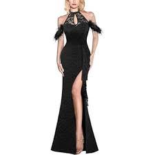 VFSHOW Womens Formal Prom Beaded Halter Neck Keyhole Maxi Dress Feather Cold Shoulder Ruffle High Slit Evening Gown 3XL