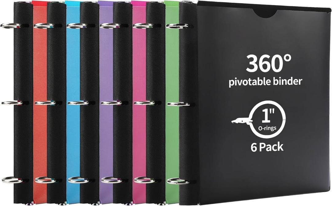 360 Pivotable 3 Ring Binder, Upgraded Foldable Binders 1 inch 6 Pack, Thin Small Three Ring Binder Fits 8.5" x 11", for Home, School and Office Binders Supplies - 6 Assorted Color (Black+green+blue+red+pink+purple)
