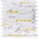 Art3d 10-Sheet Peel and Stick Stone Overlay Kitchen Backsplash Tile - Volakas White Embellished with Metal Gold (11.7" x 12")