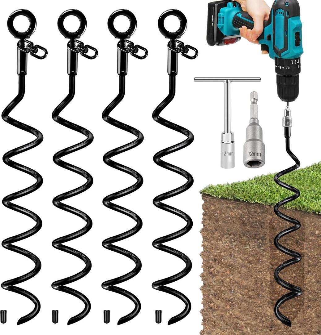 Ground Anchors, 15.5 Inch 4 Pack Ground Anchors Screw in Heavy Duty Swing Set Anchor Kit Trampoline Stakes High Wind Spiral Metal Anchor with Swivel Ring for Shed Tent Mobile Home Dog Tree (Black)
