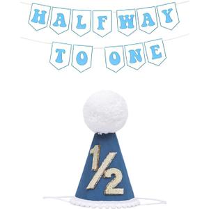 Half Birthday Hat for Boy Girls, Baby 1/2 Birthday Cone Hat And Half Banner for Six Months Party Decoration (Blue)