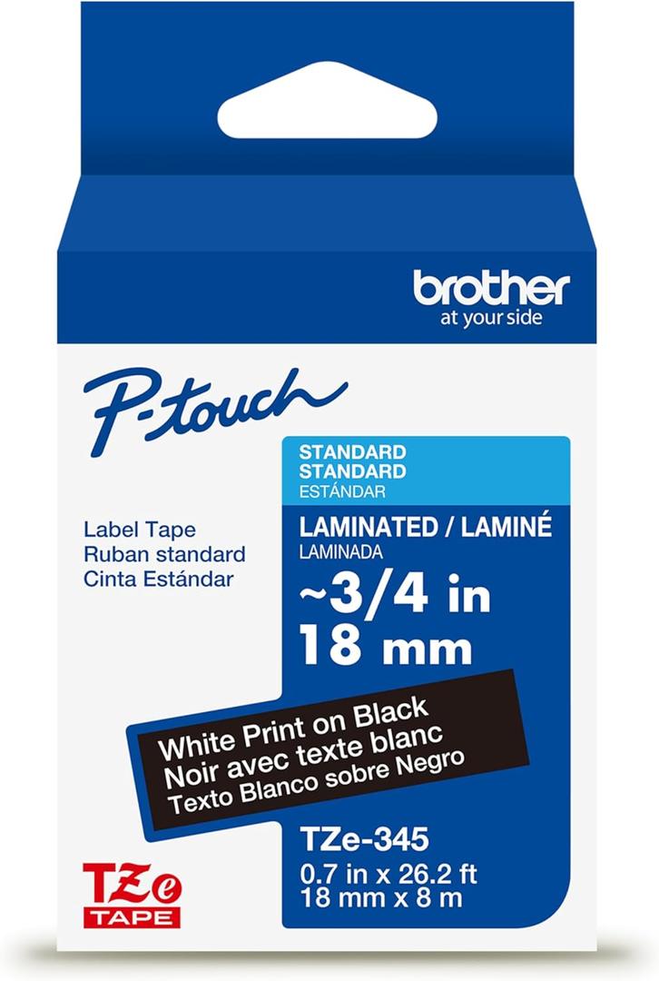 Brother Genuine P-Touch TZe White Print on Black Label Tape (TZe345), Laminated, 3/ 4in x 26.2ft (18mm x 8m), for Select P-Touch Label Makers, Durable, Water-Resistant, Indoor/ Outdoor Use