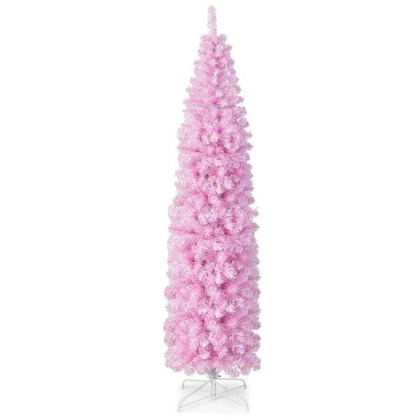 7-ft Pre-lit Christmas Tree Hinged Pencil Xmas Decoration with 350 LED Lights Pink