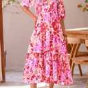 PRETTYGARDEN Women's Summer Beach Maxi Dress Short Sleeve Buttons Tiered Ruffle A Line Swing Dresses (Pink, S)