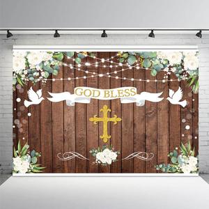 7x5ft God Bless Baptism Backdrop First Holy Communion Party Decorations Newborn Baby Shower Banner Rustic Wood White Floral Ribbon Photography Background Decor Supplies