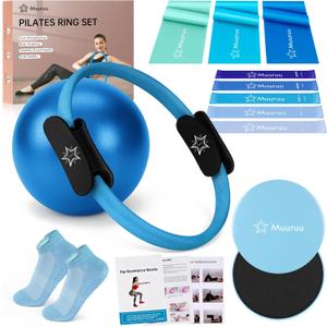Pilates Ring Set, Pilates Essentials Kit for Home Workouts Women, Yoga Equipment Set with 14 Inch Magic Circle, 9.8 Ball, 5 Resistance Bands, 3 Long Stretch Bands, Core Sliders, Non-slip Socks