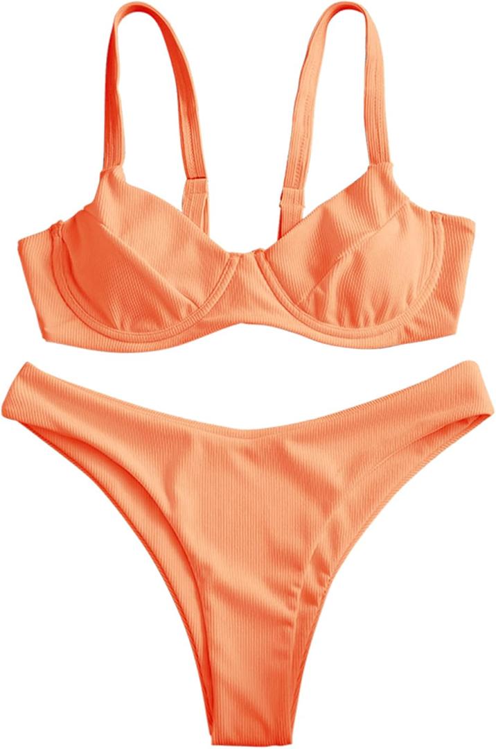 ZAFUL Women's Ribbed Underwire Bikini Set High Cut Colorblock V Notch Swimwear Printed High Leg Swimsuit (7_orange), S