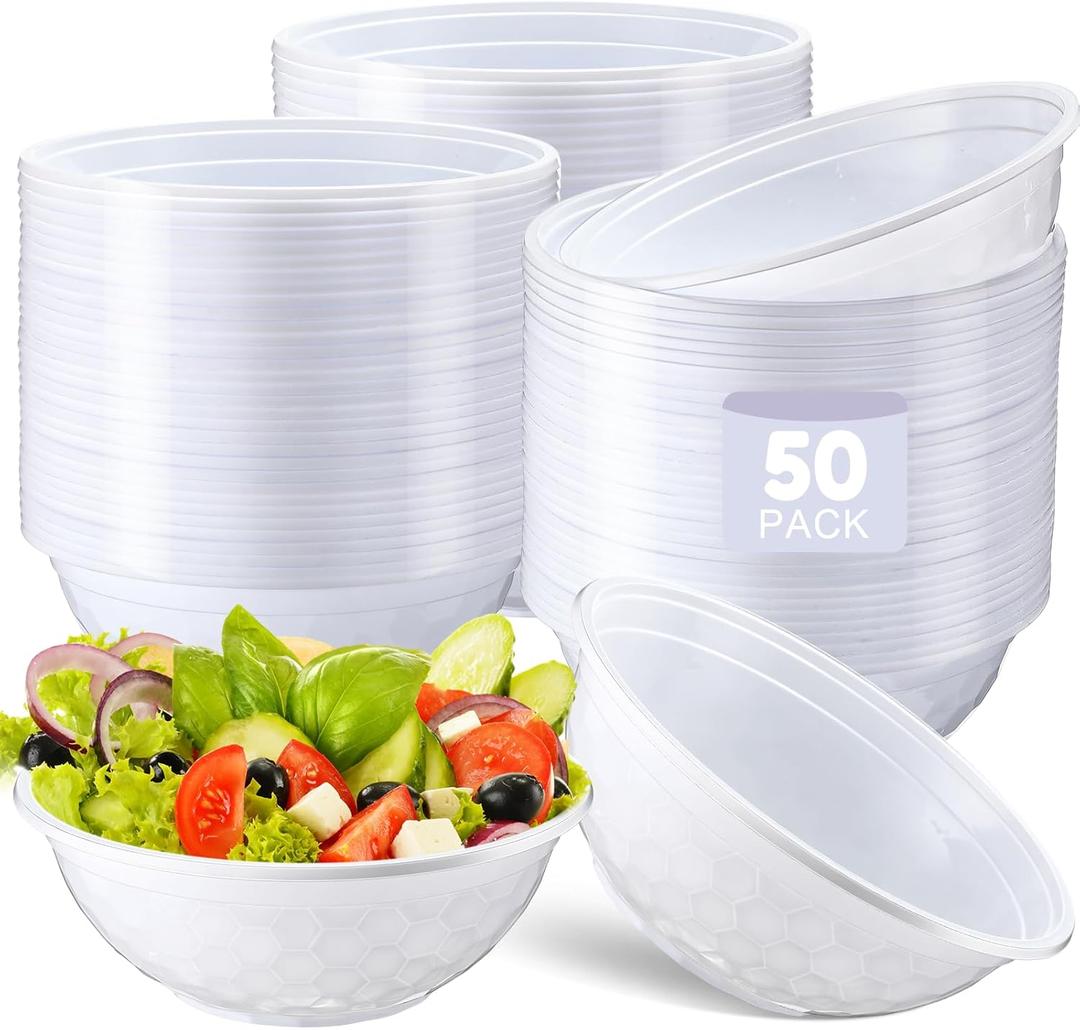 Newtay 50 Pack 32oz White Disposable Plastic Bowls Large Plastic Salad Bowls Stackable Serving Soup Dinnerware for Birthdays, Weddings, Parties, Festivals, Party