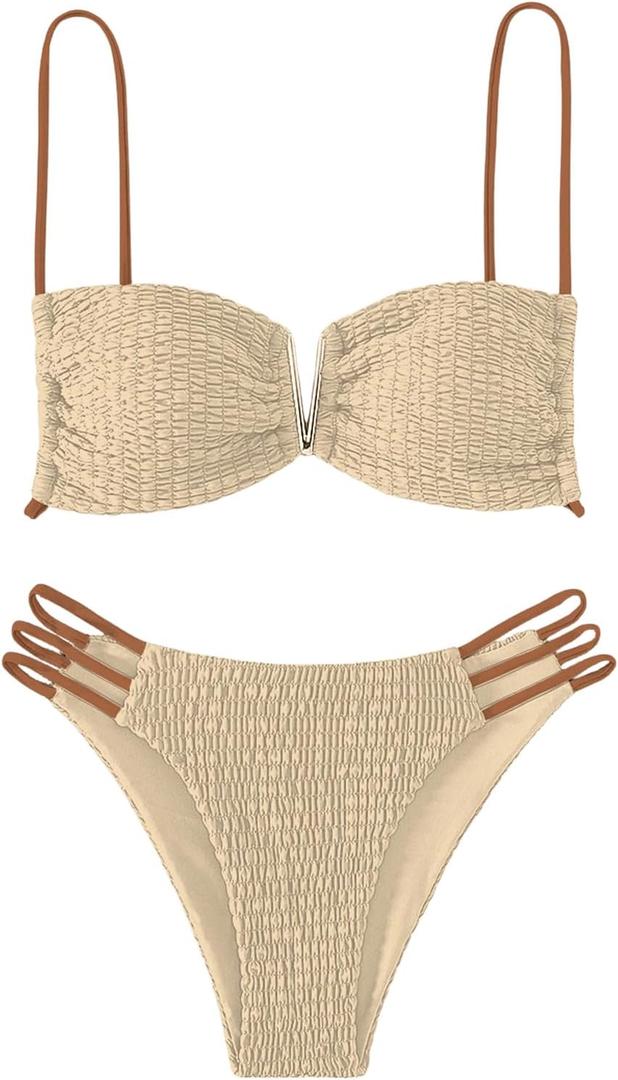SweatyRocks Women's 2 Piece Bikini Set Cut Out Textured Swimsuit Tie Back High Cut Smocked Bathing Suit (Medium, Champagne)